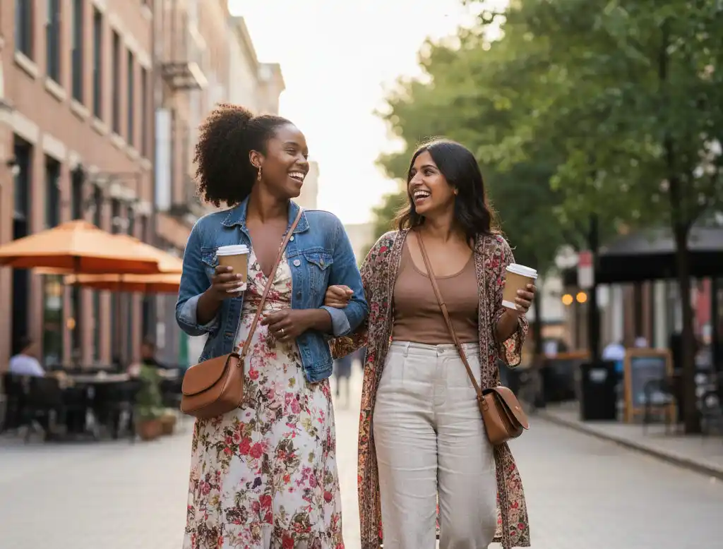 two women laughing while having coffee